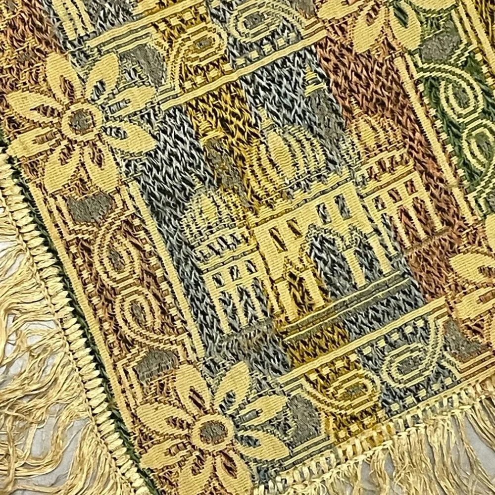 Vintage Yellow Silk Tapestry with Mosque/Equestrian Design. Wall hanging/throw.